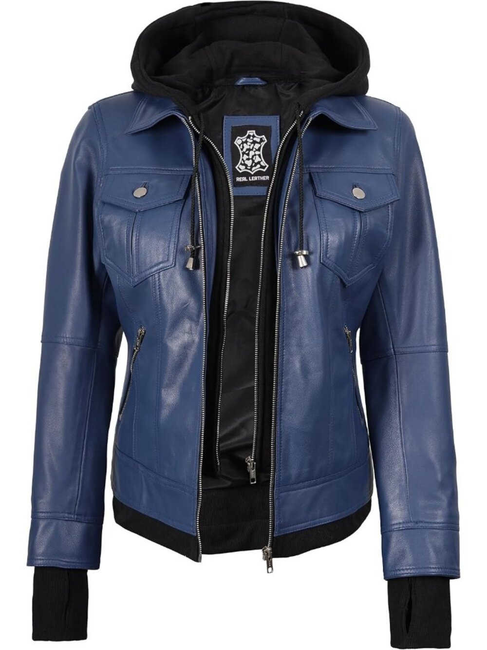 Women’s Blue Real Leather Bomber Jacket Detachable Hood